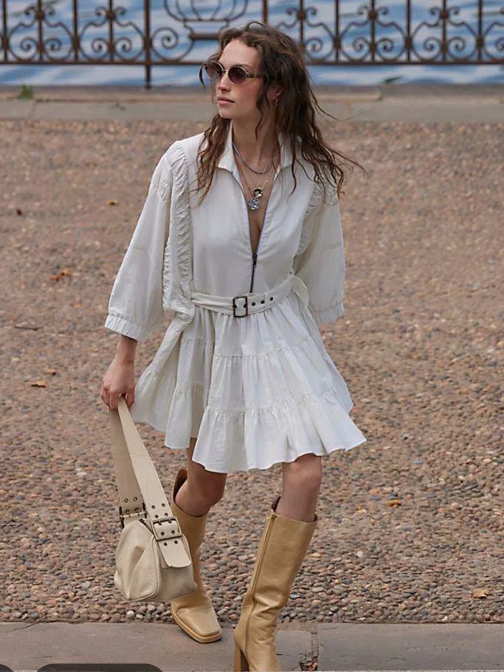 Free People Hampton Belted Waist Tiered Poplin Mini Dress M - Picture 1 of 7